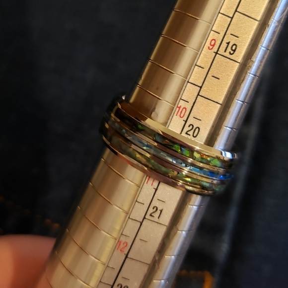 NEW Mens Tungsten Carbide inlaid Shells Blue Opal Statement Ring Gifts Unisex - Picture 8 of 16